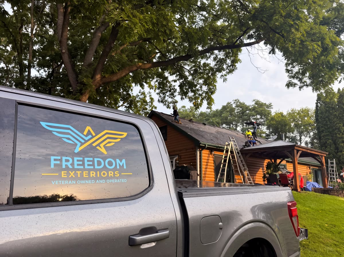 Freedom Exteriors truck on site at a St Paul roof replacement